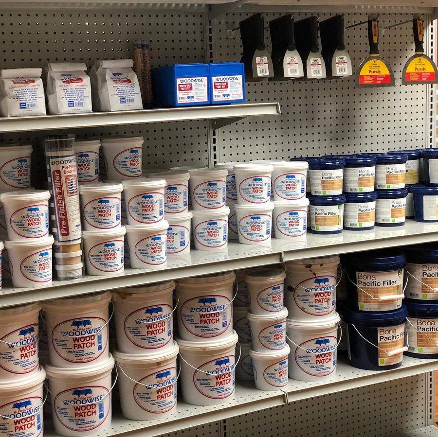 Shelves of floor finishes and stains